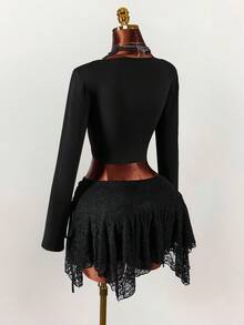 Amplova Vintage Black Autumn Goth 2-Piece Set,Square Collar Lace Semi-Sheer Mushroom Button Long Sleeve Top & Asymmetrical Double Layer Skirt Night Out Club - Black - View 8