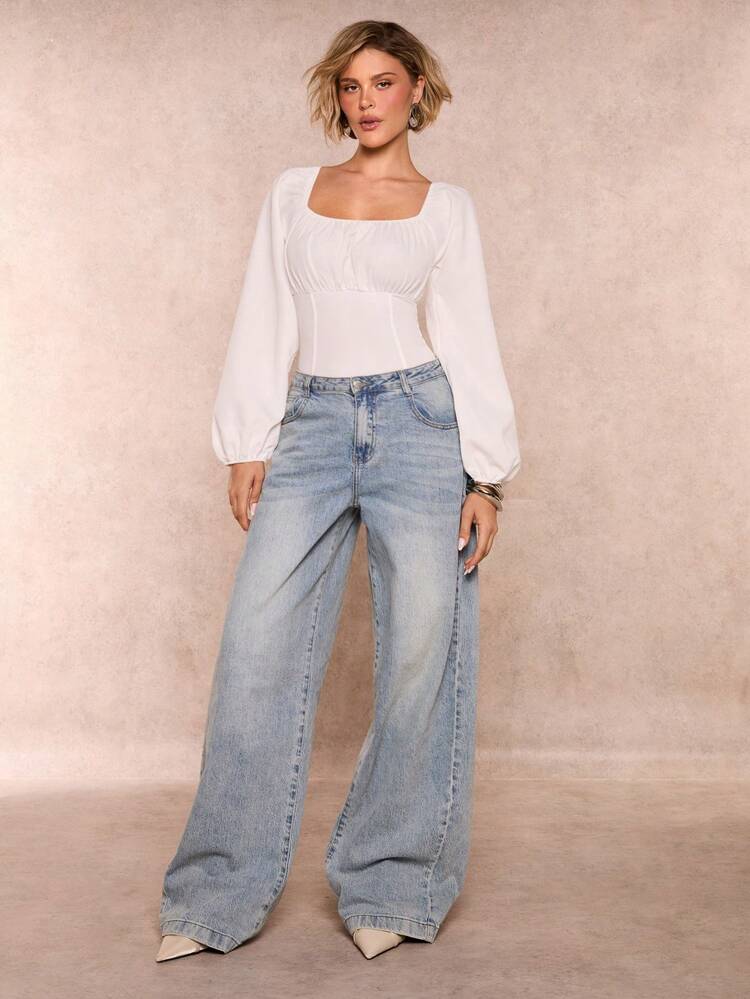 Glamine Body Con Mangas Abullonadas Y Pliegues En El Pecho - Blanco - Añade 1