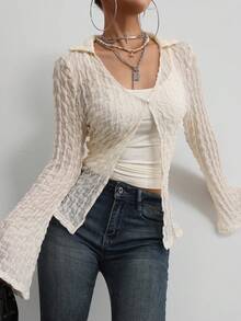 Aidyla Apricot Adjustable Strap + Jacquard Long Sleeve Cardigan Sexy 2 Pieces Outfit For Going Out & Dates - Apricot - View 6