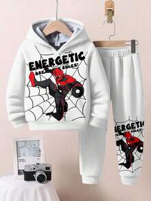 SHEIN 年轻男孩宽松休闲运动简约设计长袖连帽衫运动衫套装，舒适秋冬季