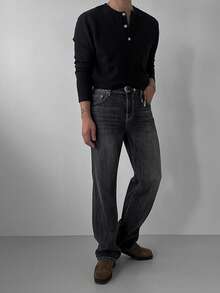 DAZY Men's Black Round Neck Partial Button-Up T-Shirt, Autumn - Black - View 4