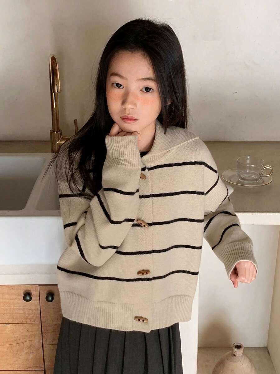 Dazy Kids 少女撞色条纹高领长袖宽松开衫 - 杏色 - 查看 1