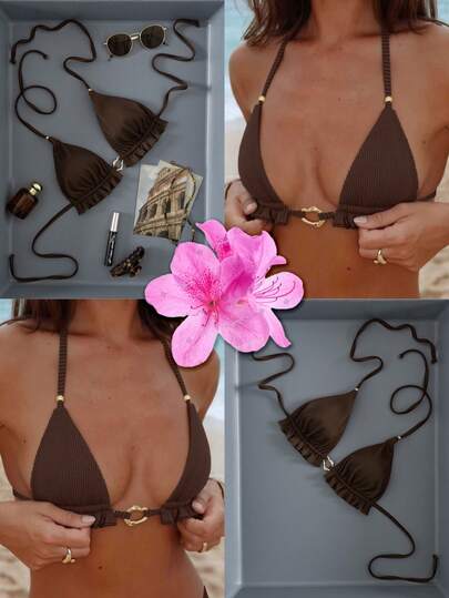 Swim Mod Top de bikini triangular elegante de un solo color con textura y volantes desmontables, minimalista para vacaciones en la playa, primavera/verano