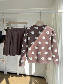 Tween Girls Ditsy Floral Brown Sweater & Pleated Skirt Set,Cute Back-To-School Autumn Holiday Outfit,Warm Soft Comfortable,Christmas Halloween Parties - Brown - View 2