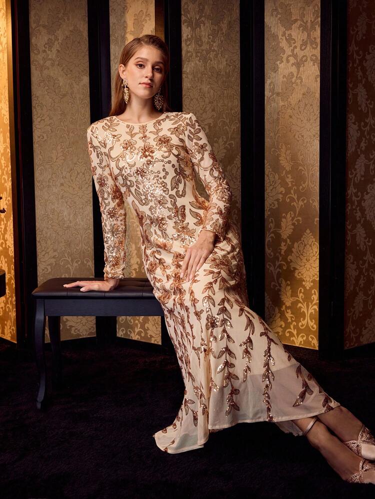 MOTF Soiréza WOMEN'S ELEGANT LONG SLEEVE BEADED EMBROIDERED CONTRAST SEQUIN MERMAID DRESS