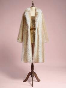 ROMWE EDITION 女士时尚优雅撞色仿皮草外套，秋冬款 - 杏色 - 查看 1