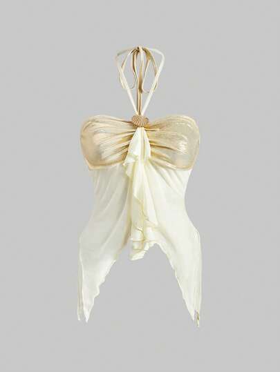 Fairycore قميص كامي نسائي مزين بأصداف البحر غير متماثل الذيل