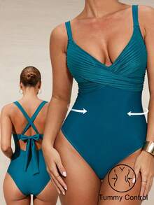 Shapewave 女士优雅收腹V领褶皱交叉连体泳衣，双色纹理面料，石板蓝 - 水鴨藍 - 查看 1
