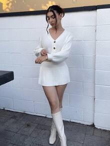 Andrea Bello White Lantern Sleeve Button Front Rib Knit Cardigan,Off The Shoulder Sweater In Fall/Winter - White - View 5