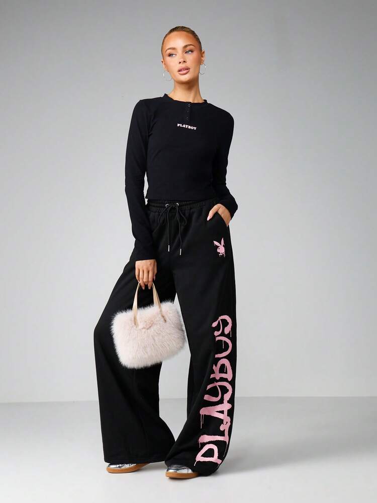 Missguided x Playboy Wide Leg Joggers With Pink Logo Print And Drawstring Waist For Casual Everyday Comfort