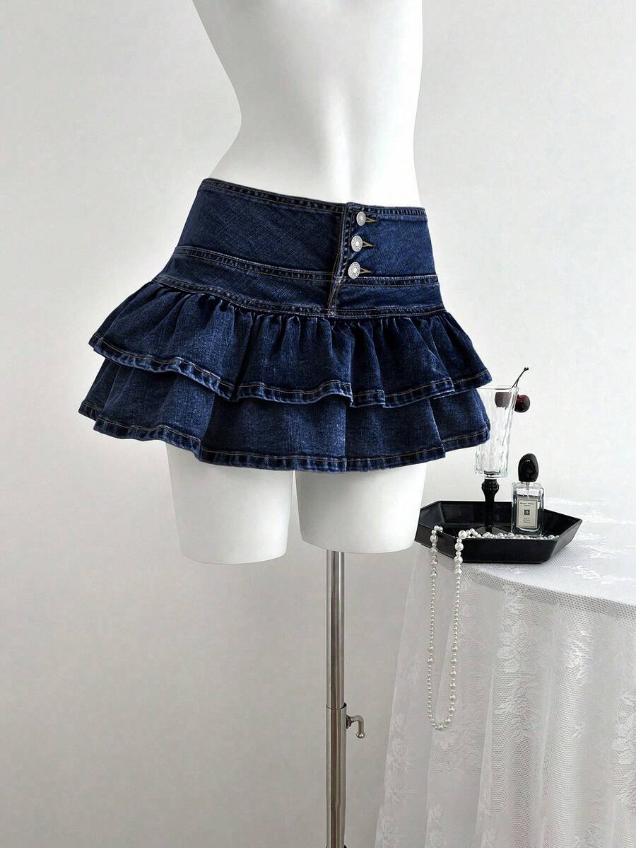 Elamini Falda vaquera minimalista y casual de unicolor para mujer - Azul lavado oscuro - Ver 1