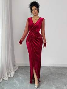 SHEIN Elenzya Vestido largo de manga larga de terciopelo, con parches de malla con lentejuelas, ajustado a la cintura y con línea A, elegante para uso diario, de moda francesa vintage y versátil para Navidad, Año Nuevo, negocios, color burdeos, otoño/invierno - Burdeos - Ver 7