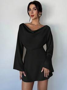 Firerie 杏色船领喇叭袖收腰褶皱连衣裙，适合办公室穿着；新款秋冬简约优雅通勤连衣裙；杏色缎面不对称褶皱领喇叭袖通勤办公室优雅时尚连衣裙；秋季女士外套；婚礼宾客礼服 - 黑色 - 查看 5