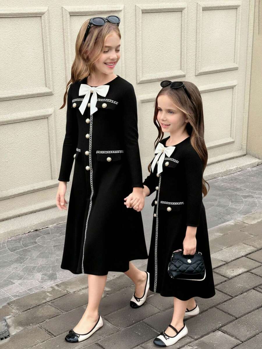 SHEIN Serisse Kids 少女优雅缎带拼接蝴蝶结装饰长袖长款连衣裙，冬季连衣裙，圣诞连衣裙，优雅连衣裙 - 黑色 - 查看 1