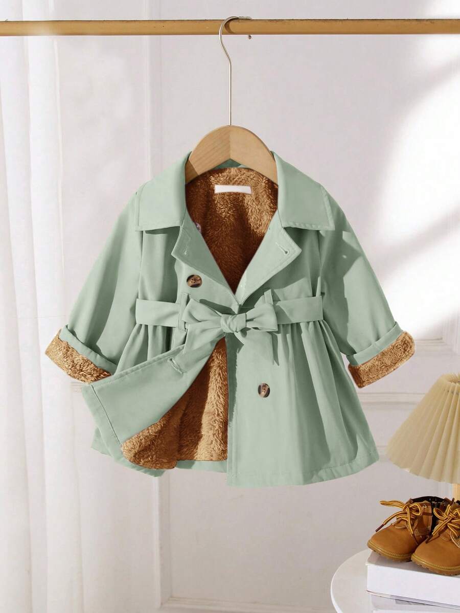 SHEIN Áo khoác dài lót nhiệt màu kaki cho bé gái có cổ ve, giản dị và dễ thương, mùa thu/đông - Màu xanh Bạc hà - Xem 1