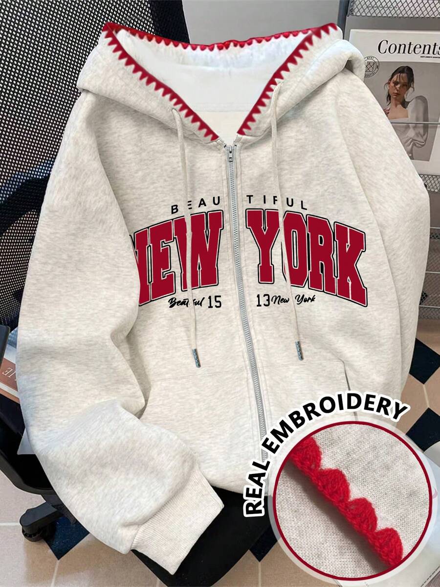 Resyla Plus Size Y2K Sweatshirt Jacket, Retro American New York Chic Plus Size Sweatshirt Hoodie, Fashionable Distinctive Autumn/Winter Plus Size Women Sweatshirt Jacket