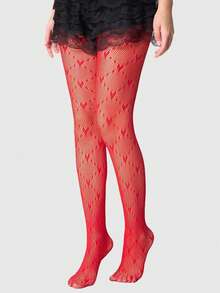 ROMWE Kawaii 1pair Women's All-Season Black Heart & Rhombus Pattern Fishnet Stockings For Valentine's Day - Big red - View 4