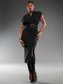 Normani Damen einfarbiges V-Ausschnitt Dolman Ärmel figurbetontes Midi-Kleid, eleganter minimalistischer schwarzer langer Rock mit breiten Schultern und tiefem V-Ausschnitt, sexy elegant, einfach und vielseitig für den Arbeitsweg, schlanke elegante Urlaubsoutfits für Frauen, Sommerkleider für Damen, Abschlussfeierkleider - Schwarz - Übersicht 1