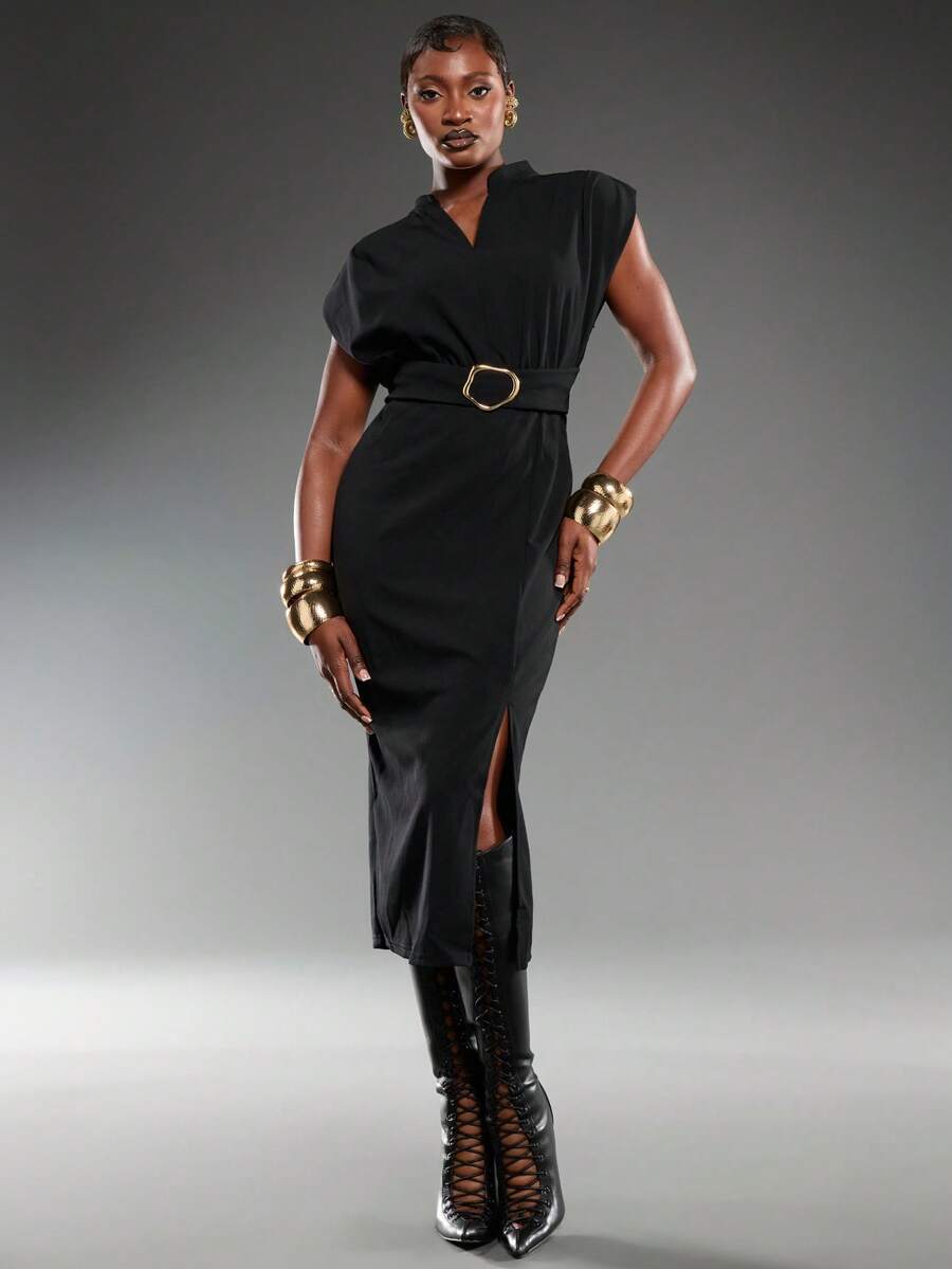 Normani Damen einfarbiges V-Ausschnitt Dolman Ärmel figurbetontes Midi-Kleid, eleganter minimalistischer schwarzer langer Rock mit breiten Schultern und tiefem V-Ausschnitt, sexy elegant, einfach und vielseitig für den Arbeitsweg, schlanke elegante Urlaubsoutfits für Frauen, Sommerkleider für Damen, Abschlussfeierkleider - Schwarz - Übersicht 1