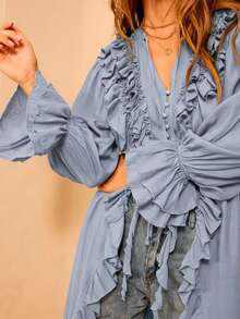 Aralina Vestido largo de cárdigan bohemio con volantes en la parte delantera y manga larga para invierno - Neblina azul - Ver 5