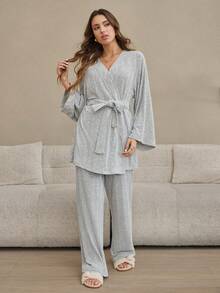 HautHeat 女士纯色交叉裹身长袖宽松休闲舒适睡衣套装，秋冬服装 - 淺灰色 - 查看 3