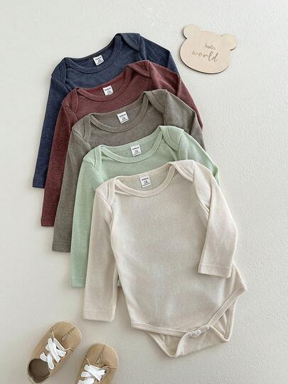 SHEIN 5pcs/Set Newborn Infant Casual Solid Color Bodysuits, Suitable For All Seasons