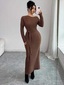 Modelyn Women's Autumn/Winter Fashion Oblique Shoulder Sexy Casual Mid-Length Dress - Coffee - View 8