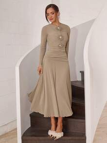 Modelyn Women's Round Neck Long Sleeve Floral Decor Pleated Elegant Dress - Khaki - View 5