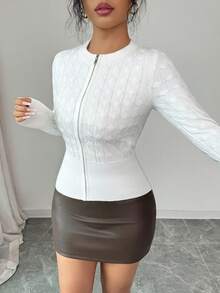 SHEIN Elenzya Women's Stylish Twist Knit Simple Chic Short Zipper Cardigan Sweater, Long Sleeve, Autumn/Winter - White - View 2