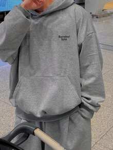 DAZY Men's Letter Embroidery Design Fleece Hoodie Set, Grey, Autumn/Winter - Grey - View 7