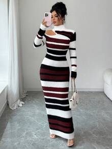 SHEIN Elenzya Elegant Casual Multi-Color Striped Turtleneck Waist Fitted Knit Sweater Dress For Women, Suitable For Commuting, Autumn/Winter - Burgundy - View 7