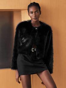 Maija Women's Outdoor Warm Long Sleeve Short Faux Fur Coats Elegant Party Black Coat Winter Clothes,Cozy Fall And Winter Clothes For Women - Black - View 2