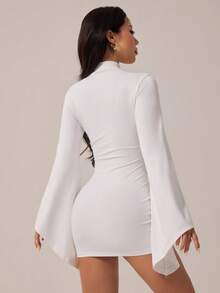 SHEIN PETITE Đầm mini ôm sát cổ đứng đính kim loại, tay loe cho nữ - trắng - Xem 3