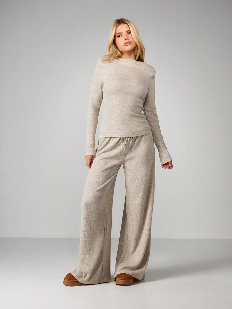 MISSGUIDED Women Knit Two Piece Set Shoulder Pad Long Sleeve Top Wide Leg Trousers Lounge Coordinated Outfit