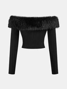 SHEIN Girlism 少女黑色露肩毛边短款外套，适合秋冬季节，优雅甜美，春节必备 - 黑色 - 查看 2