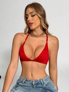 SHEIN 女士心形蕾丝时尚前扣文胸 - 紅色 - 查看 5