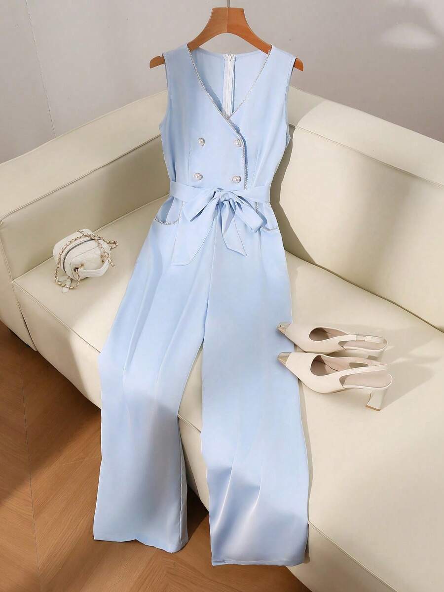 SHEIN Clasi Women's Elegant Satin Crystal Metal Button Decorated Blazer Vest & Jumpsuit Set, Fashionable