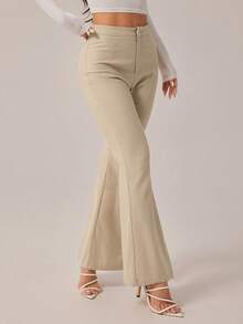 SHEIN PETITE Quần ống loe trơn công sở thường ngày gợi cảm kiểu Old Money dành cho nữ, cạp cao thanh lịch, quần tây công sở sang trọng, phong cách trang phục công sở lấy cảm hứng từ phong cách cổ điển - Màu be - Xem 8