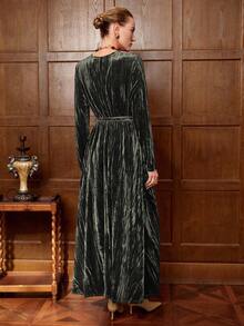 Aalyst 女士优雅高端正式办公通勤休闲婚礼宾客连衣裙，纯色丝绒面料，V领，松紧腰，喇叭下摆，皮带装饰，长袖，及地长裙 - 軍綠色 - 查看 2