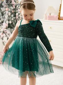 Glamorique Kids Vestido de fiesta elegante y glamoroso para niña con una sola manga de color verde oscuro con lentejuelas, lazo en la cintura, degradado de estrellas y lunas con brillo en malla multicapa - Verde Oscuro - Ver 7