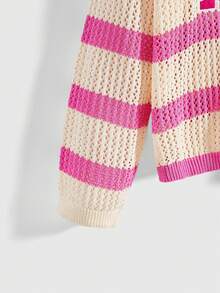 ROMWE Avant Suéter deportivo de punto con media cremallera para mujer, estilo callejero retro con aspecto universitario de vuelta al colegio - Multicolor - Ver 3