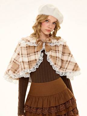 Women's Retro Fairycore Lace Patchwork Bow Plaid Fuzzy Fabric Cute Poncho Jacket