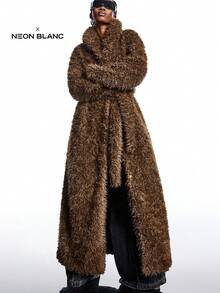 LYSMO 2025新款极简主义冬季女式棕色纯色时尚长款休闲街头仿皮草外套，新年造型及圣诞派对装扮，新年感恩节时尚之选 - 米色 - 查看 7
