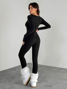 SHEIN Tall Women's Winter Streetwear Athleisure Ski Wear Warm/ Cold Weather/ Thermal Stretchy Comfortable Black Slim Fit Long Sleeve Square Neck Long Thermal Lined Romper,Fall Long Sleeve Jumpsuit Bodycon Jumpsuit - Black - View 3