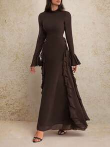 SHEIN Tall 女士优雅咖啡棕色长袖高领荷叶边下摆连衣裙，适合约会、派对、正式场合、秋冬季 - 咖啡棕 - 查看 8