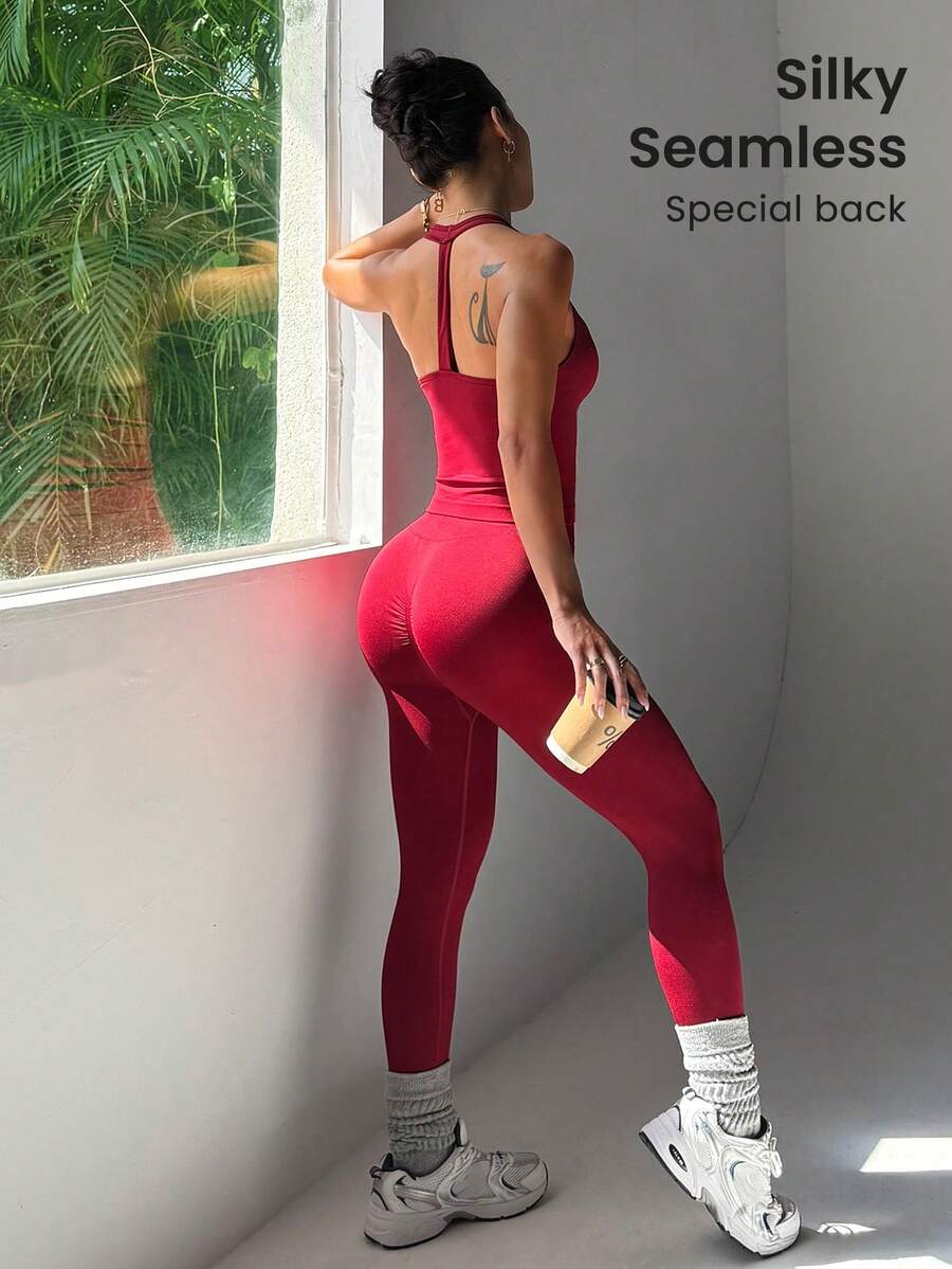 Dewbera Ensemble de sport sans couture bordeaux pour femmes, débardeur à dos nageur et leggings de yoga - Rouge foncé - Voir 1
