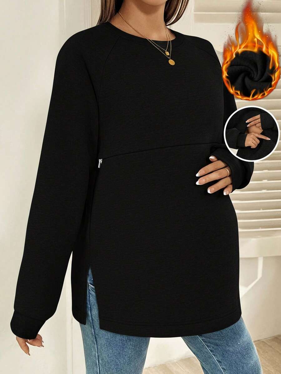 SHEIN 哺乳期纯色圆领长袖开衩下摆休闲上衣孕妇秋冬T恤 - 黑色 - 查看 1