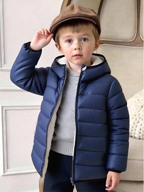 PrepCrw 1pc Young Boys' Casual Versatile Relaxed Fit Zipper Front Hooded Padded Coat, Suitable For Back To School, Birthday, Baby Shower, Holiday Parties, Autumn/Winter