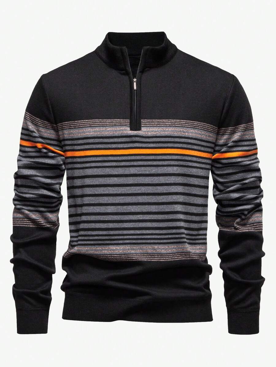 Calvornis Men's Knitted Striped Sweater, Autumn Knitwear Base Layer - Black - View 1