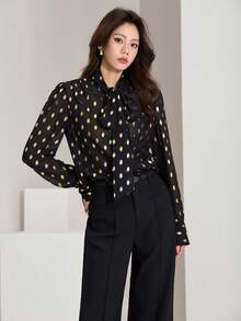 Heiryn Women's Elegant Chiffon Foil Print Lantern Sleeve Loose Blouse, Suitable For Work And Commute - Black - View 5